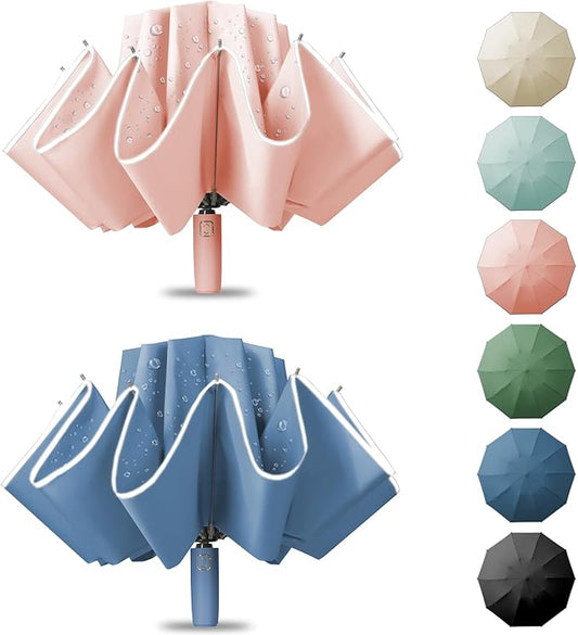 Fogkey Large Windproof Travel Umbrella - Reverse Auto Folding Car Umbrella for Rain and Sun, Compact Inverted Design with Waterproof Canopy, 10 Durable Ribs, Fits Backpack, Portable for Women & Men