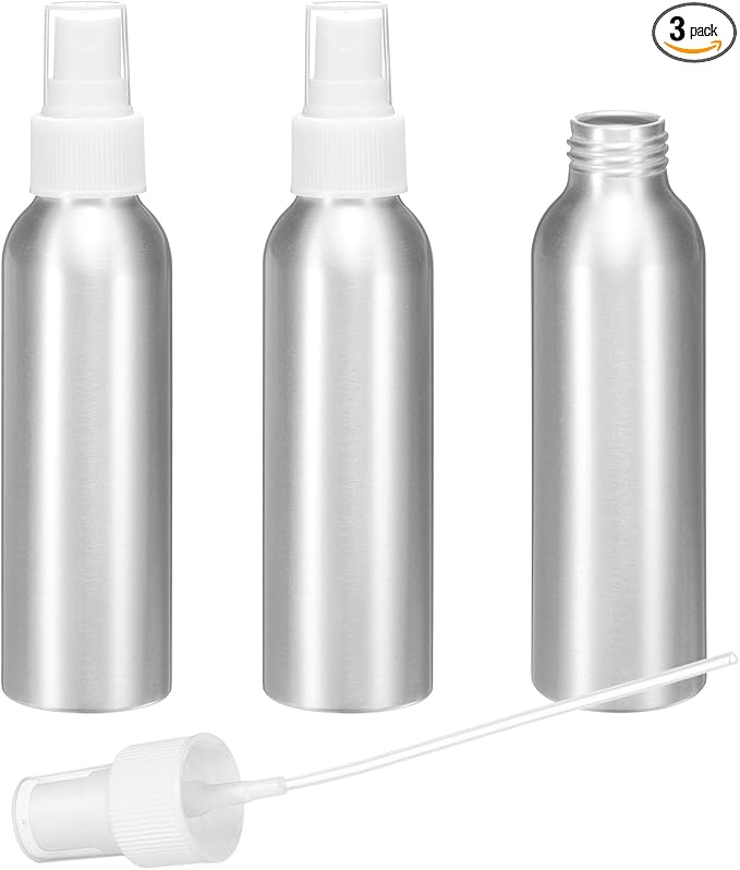 HARFINGTON 3pcs Aluminum Fine Mist Spray Bottles 120ml/4oz Metal Small Liquid Alcohol Refillable Travel Container with White Plastic Nozzle Cap for Perfume Skincare Cosmetic Storage Bottle