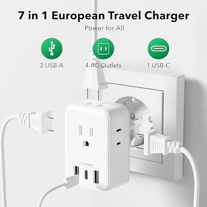 BN-LINK 2 Pack European Travel Plug Adapter, International Power Plug Adapter with 4 Outlets and 3 USB Ports（1 USB C）, 7 in 1 Travel to Europe Spain France Iceland Italy Germany Greece(Type C)
