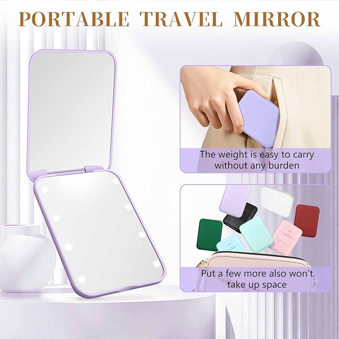 Kakuje Compact Mirror, 1X/3X Magnification LED Pocket Mirror with Nternal BIattery, Mini Mirror for Purse, Pocket,Travel and Present (Purple)