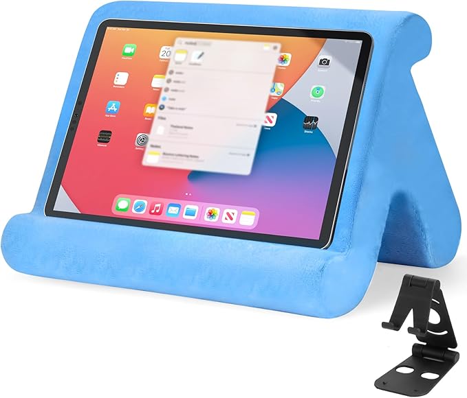 Universal Multi-Angle Tablet Stand Holder-Soft Pad Stand with black phone holder for Lap,Knee,Sofa and Bed,Compatible with iPad Pro 9.7,10.5,12.9 Air Mini 4 3,Kindle,Galaxy Tab,E-Reader (Blue)