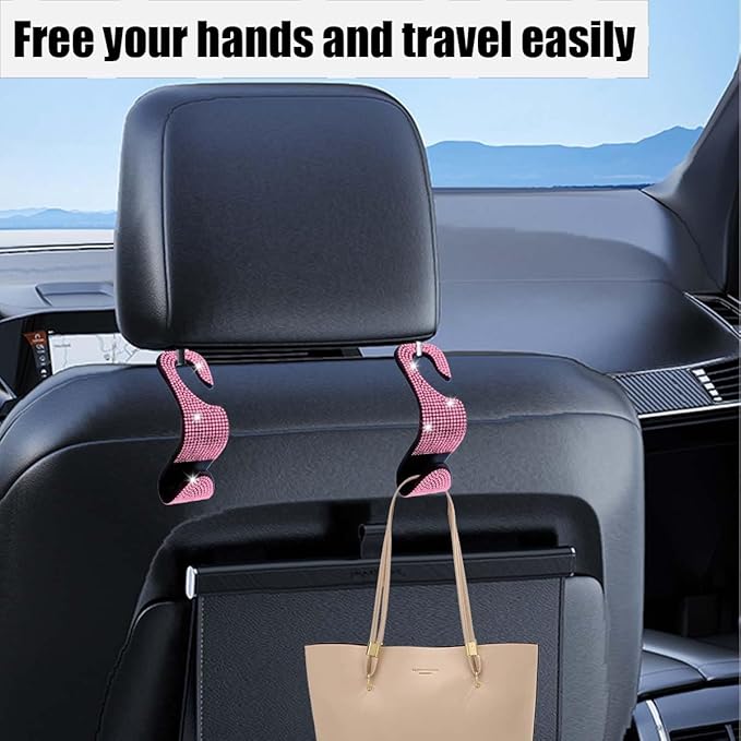 LAINLOY 4PCS Bling Car Headrest Hook, Crystal Rhinestone Back Seat Purse Holder, Car Seat Hanger Storage for Bag, Grocery, Handbag, Universal Interior Accessories for SUV Car Truck (Pink)