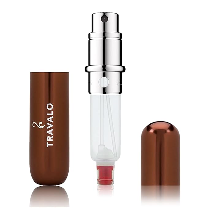 Travalo Classic HD Perfume Atomizer - Leak-Proof and TSA Approved for Air Travel - Reusable, Airtight, Easy-Fill Mini Pump Sprayer - Lightweight, Elegant Design w/Volume Window - Brown 0.17oz