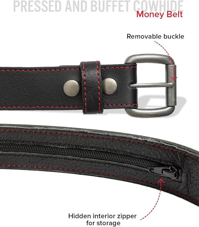First Mfg Co - Mens Premium Leather Belt With Removable Buckle And Hidden Zipper Money Belt Daily Wear For Pants Perfect Fit