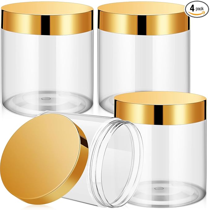Patelai 4 Pieces Round Wide-mouth Leak Proof Plastic Container Jars with Lids for Travel Storage Makeup Beauty Products Face Creams Oils Salves Ointments DIY Making(16 Ounce,Gold)