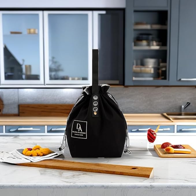 Reusable Lunch Bag,Drawstring Lunch Bag,Insulated Handbag Tote bag with Handle,Cute Lunch Bag,Lunch Sackand Drawstring Closure for Women Work Picnic or Travel (BLACK)