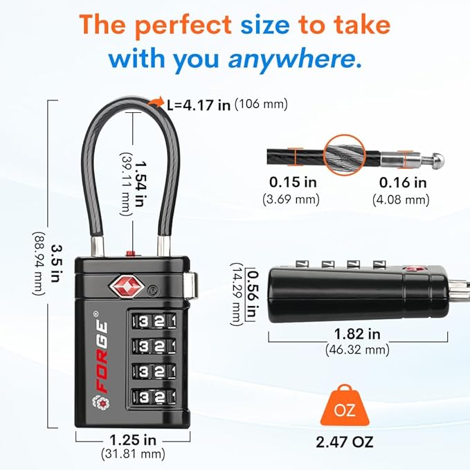 Forge Open Alert TSA Approved Luggage Locks, 4 Digit Combination TSA Travel Locks with TSA008, Zinc Alloy Body for Luggage, Suitcase, Backpack, and More. Black 2 Locks.