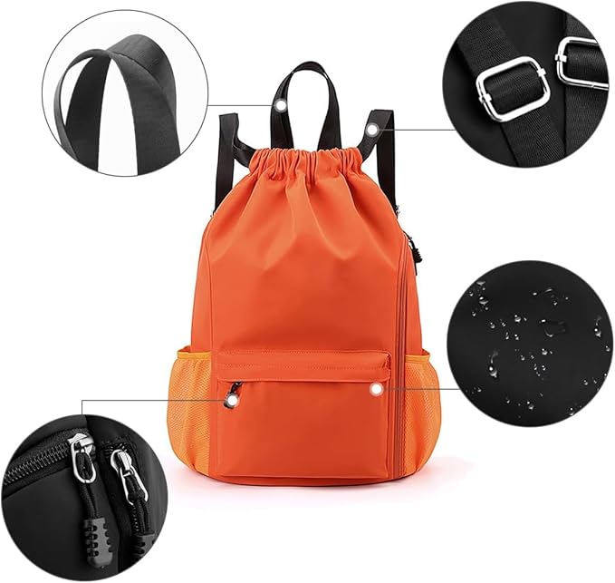 Valleycomfy Waterproof Drawstring Gym Backpack Bag for Men & Women,Sports Gym Bag with Side Pocket Orange