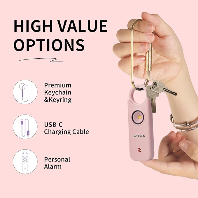 Personal Alarm for Women, Men, Kids, Elderly, Self Defense - Designed by Women 140DB Extra Speakers Alarm with Strobe Light, Rechargeable, Safety Alarms and Premium Keychain (Pale Pink)