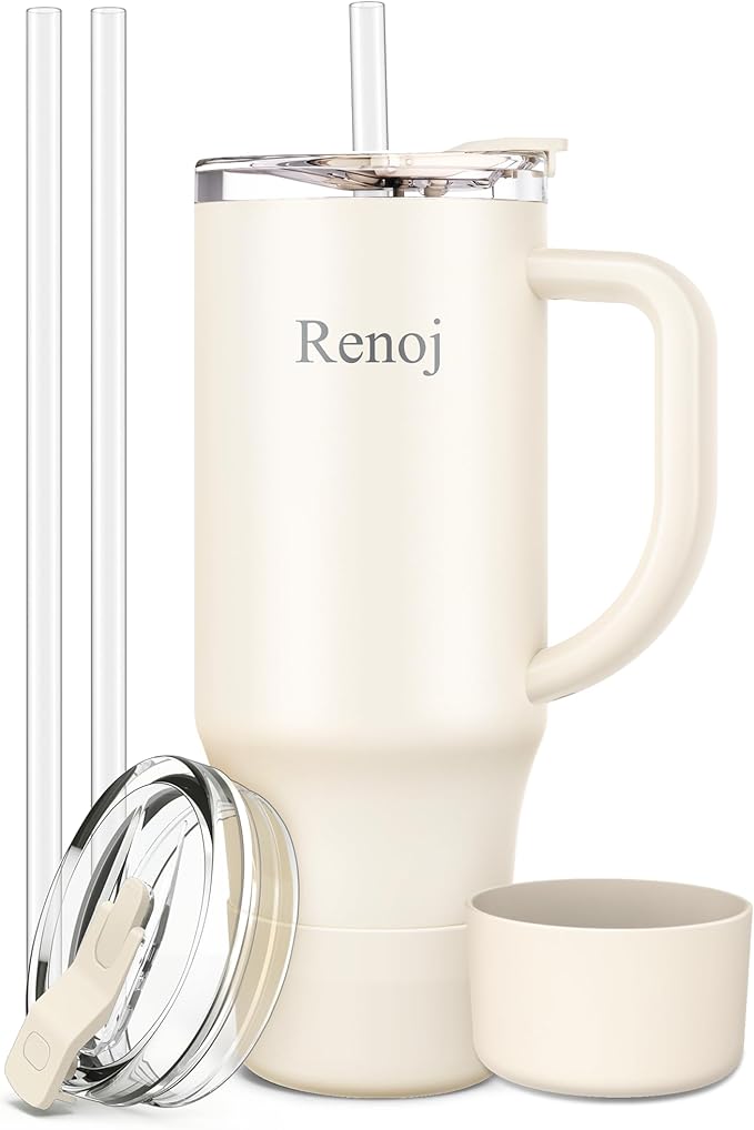Renoj Insulated Mug 100% Leak Proof Insulated Water Bottle for Iced Coffee & Hot Drinks - Fits Car Cup Holder, Ideal Gift, 2 Straws & Silicone Boot - SnapShift White 32 oz