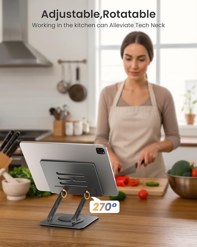 LOXP Metal Tablet Stand, 360 Rotating iPad Stand with Heavy-Duty Base, Tablet Holder Compatible with 4.0-16.9" Device, iPad Pro Air Mini, Kindle, Surface Tablet, Portable Monitors - Gray