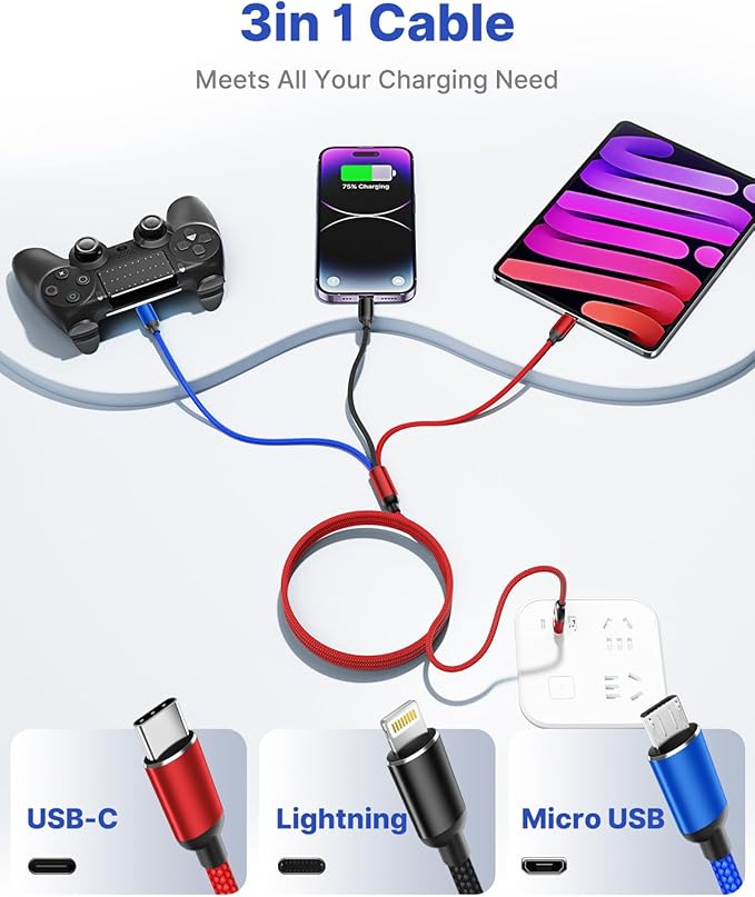 Multi Charger Cable, Fast Multi Charging Cord 3 in 1 Nylon Braided Multiple USB Universal Charging Cable for Type-C, Micro USB, Cell Phones/IP/Samsung Galaxy/Ps/LG/Huawei/Kindle