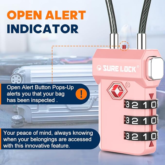 SURE LOCK TSA Approved Luggage Locks with Open Alert Indicator, 3 Digit Combination Cable Travel Lock for Suitcase, Backpack, Gym Locker, Toolbox, Carry On & Travel Bag