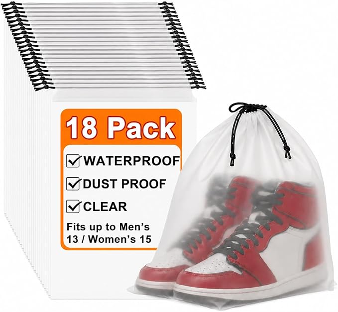 18 Pack Clear Shoe Bags for Travel Essentials, 15.7"×11.8" PEVA Drawstring, Water-Resistant, Fits up to Men’s 12–13, Reusable Storage for Clothes & Toiletries, Keep Luggage Tidy & Odor-Free