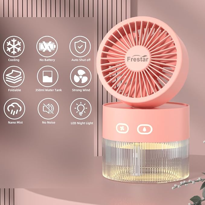 Personal Cooling Fan and Small Air Humidifier 350ml with LED Night Light, Desktop USB Charging 3 in 1 for Office and Small Room, 3 Speed, Auto Shut Off, No Battery (Pink)