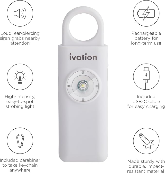 Ivation Personal Rechargeable SOS Alarm, Pocket Size Loud 130dB Sound Safety Siren & LED Panic Strobe Light with Carabiner Keychain Clip for Women, Children & Seniors, White