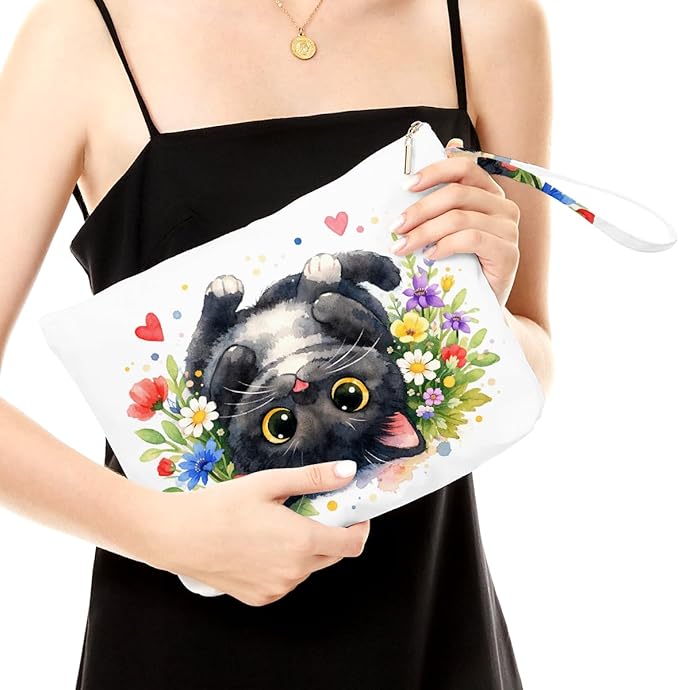 Fokongna Black Cat Print Wet Bag, Small Portable Waterproof Multi-Functional Organizer for Women,Multicolor Floral Heart Black Cat，Ideal for Daily, Beach & Travel