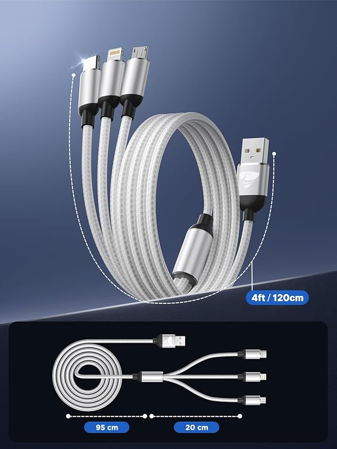 Aioneus Multi Charging Cable, (3Pack 4FT) Multi USB Charger Cable 3 in 1 Universal Nylon Multiple Charging Cord with Type-C/Micro USB Connectors for Most Phones & Tablets