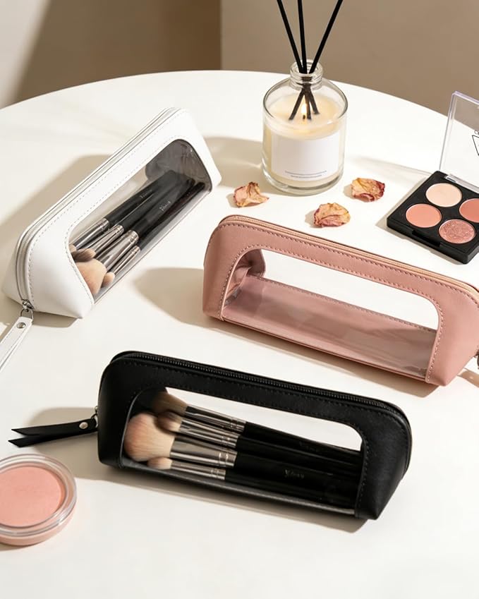 LETGO Small Clear Makeup Bag, PU Leather Travel Makeup Brush Case Portable Transparent Waterproof Cosmetic Organizer Pouch with Zipper for Women Home Travel Office Cosmetic Storage (Chic Black)