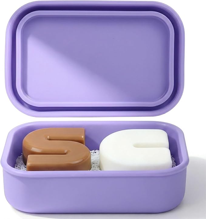 AIMAIAIMAI Silicone Shampoo Bar Travel Case with Drain Pad – Leak Proof Bar Soap Travel Case for 2 Bars, Shampoo & Conditioner Bar Holder for Camping, Gym | 1 Pack, Light Purple