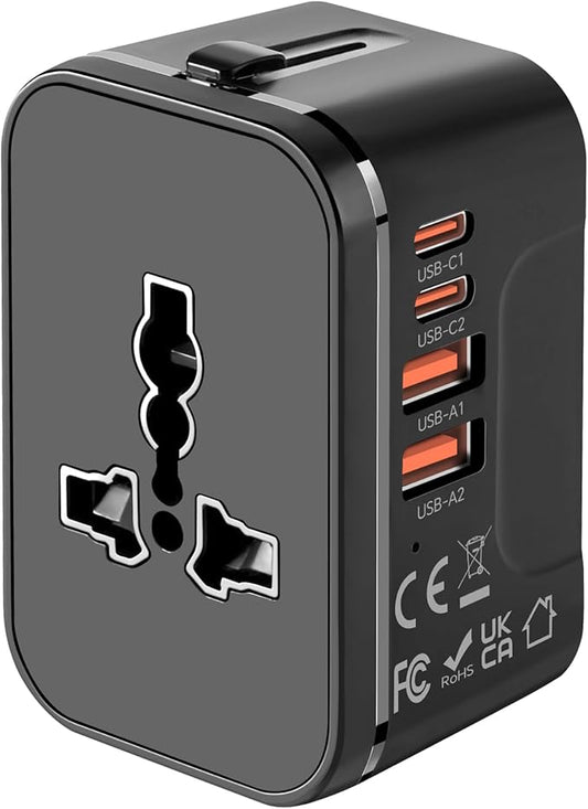 Universal Travel Adapter with 2 PD20W USB-C & 2 QC18W USB-A Ports, Fast Charging International Power Plug Adapter, All-in-One Worldwide Adaptor Converter Wall Charger for US EU UK AUS Asia
