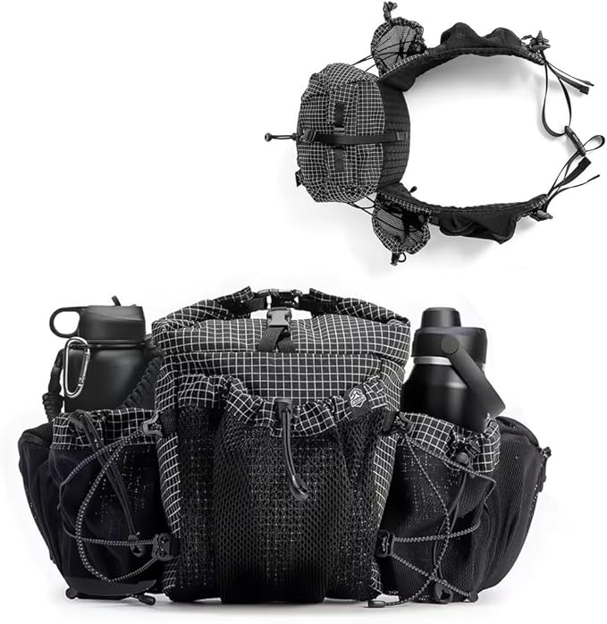 Fanny Pack with Water Bottle Holder for Men Women, Hiking Waist Pack with 2 Bottle Holders, Water Bottle Carrier for Walking Dog Walking Travel Cycling Hiking Waist Bag (Bottle Not Included)