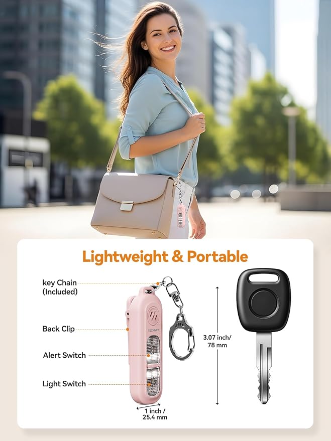 TECKNET Personal Safety Alarm 135dB with SOS Strobe Light for Women - Rechargeable& IPX4 Waterproof Running Lights with Clip On Torch & Low Battery Notice, Safety Siren for Running Travel Kids, Pink