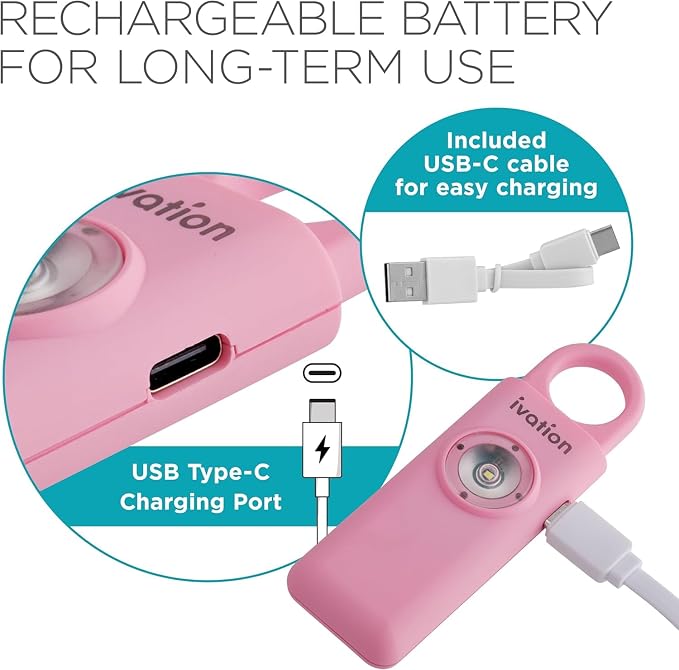Ivation Personal Rechargeable SOS Alarm, Pocket Size Loud 130dB Sound Safety Siren & LED Panic Strobe Light with Carabiner Keychain Clip for Women, Children & Seniors, Pink