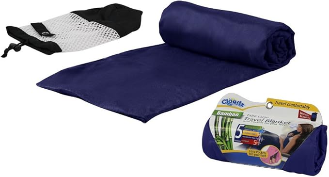 Cloudz Extra Large Airplane Travel Blanket for Your Flight, Car, Camping, Home or Comforting Warmth Anywhere! Includes Warm Cozy Pockets for Your Feet and a Travel Bag - Navy Blue