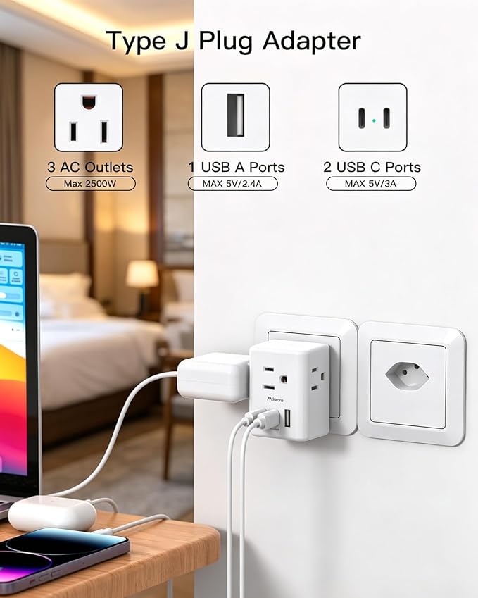 2 Pack Switzerland Travel Plug Adapter, Type J Power Adapter Works in Switzerland, Liechtenstein, Rwanda, 3 Outlets 3 USB Ports, Travel Essentials