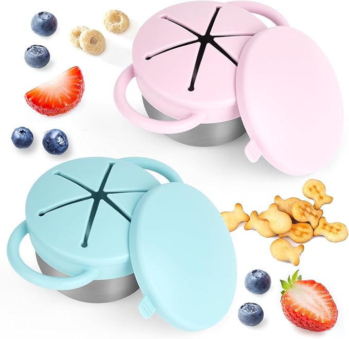 Daximo 2 Pack Snack Cups for Toddlers Spill Proof - Detachable Stainless Steel Toddler Snack Cups with Silicone Lids & Handles - Dishwasher Safe Snack Container(Light blue and Light pink)