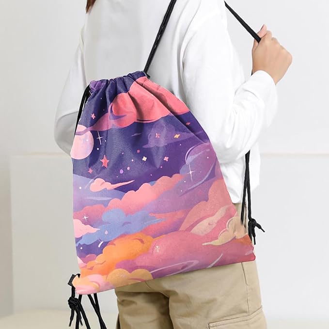 Drawstring Backpack Draw String Sports Bags for Gym Travel Beach Waterproof Cute Sackpack Men Women Aesthetic (13"×17")-Pink Cloud