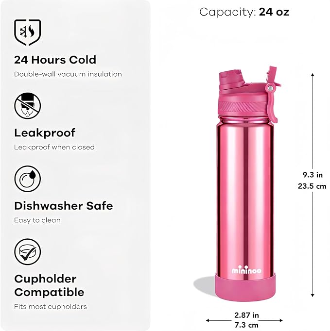 mininoo 24 oz Insulated Water Bottle with 2-in-1 Straw & Spout Lid, BPA-Free & Leak-Proof, Stainless Steel Water Bottle for Sports, Travel, and School, Rose Pink