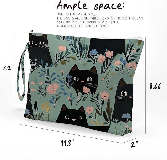 Fokongna Black Cat Print Wet Bag, Small Portable Waterproof Multi-Functional Organizer for Women，Green Floral Black Cat Pattern，Ideal for Daily, Beach & Travel