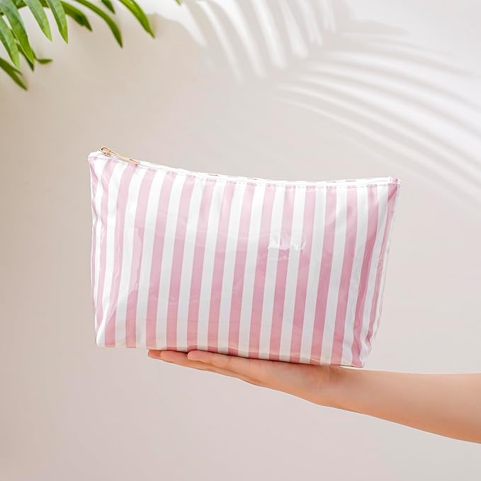Large PVC Waterproof Striped Makeup Bag,Clear Coated Cosmetic Bags,Easy to Clean,Travel Organizer Zipper Pouch Beach Vacation Essentials for Women Girls(04Pink Stripe)