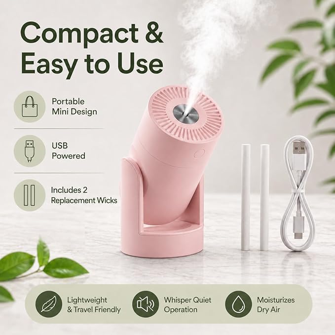 Portable Mini Humidifier, 2 Mist Modes, 220ml Cool Mist Rotation Humidifiers, USB Personal Desktop Humidifier for Bedroom, Office, Travel, Car, Colorful, Quiet Operation, Pink