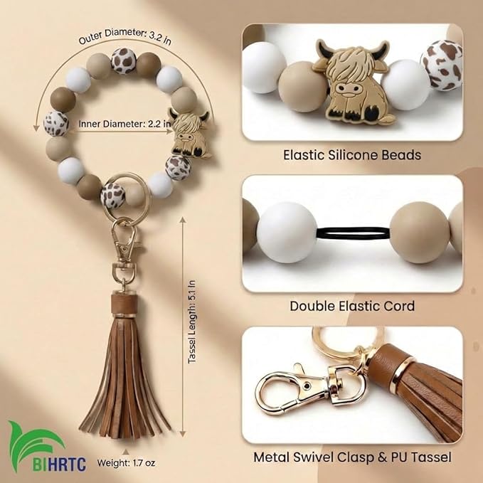 BIHRTC Key Ring Bracelet Car Keychain Holder Wristlet Silicone Women Beaded Bangle Chains