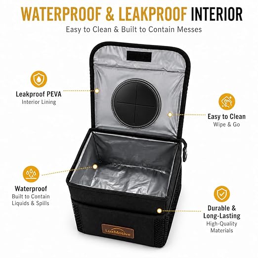LuxMotive Car Trash Can – 3 Gallon Leakproof Waterproof Auto Trash Bin, Hanging Car Garbage Container with Lid & Storage Pockets, Foldable Car Organizer for Vehicle Interior (Black)