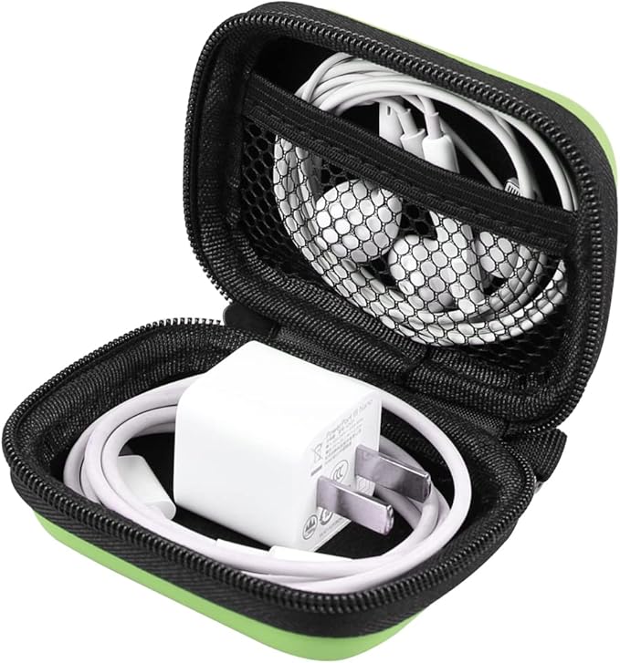 Earphone case, RISETECH Earbud Carrying Case Holder Hard EVA Headphone Small Zipper Pouch Compatible with Flash Drive, USB Charging Cable, SD Memory Card, AirPods, Sony Wired Earbuds with Clip -Green