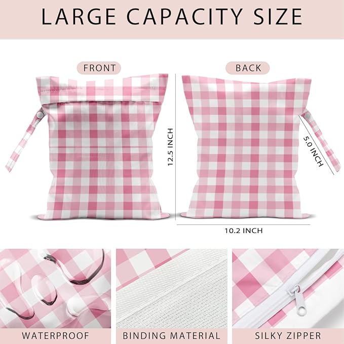 Wet Bag, 4Pcs Wet Dry Bag Set, Reusable Waterproof Bags with Pink Gingham & Red Diamond Patterns for Women, Practical for Travel & Daily Essentials Storage