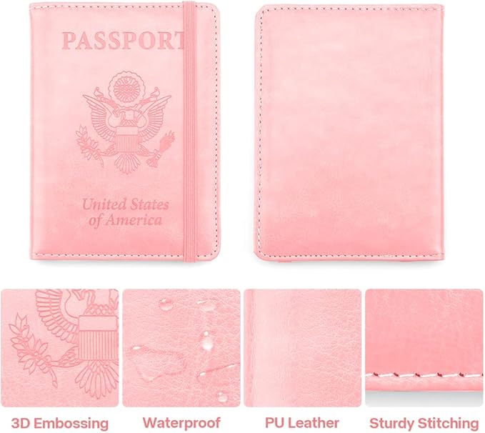 Passport Holder for Travel, 2 Pack Passport Cover, Waterproof Passport Wallet Leather Passport Holder Pen Holder Passport Holders for Women Men Family Travel Must Haves Essentials, Pink+Black