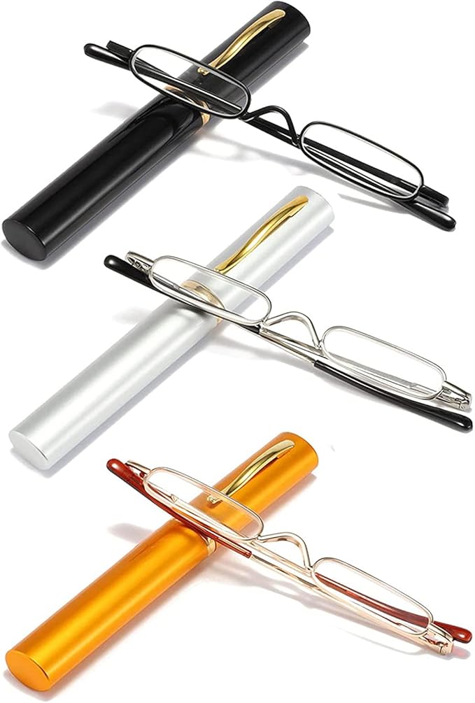 Viseng Slim Mini Metal Reading Glasses Compact Lightweight Portable Readers with Glasses Case for Reading Case,Gold+Silver+Black+1.0