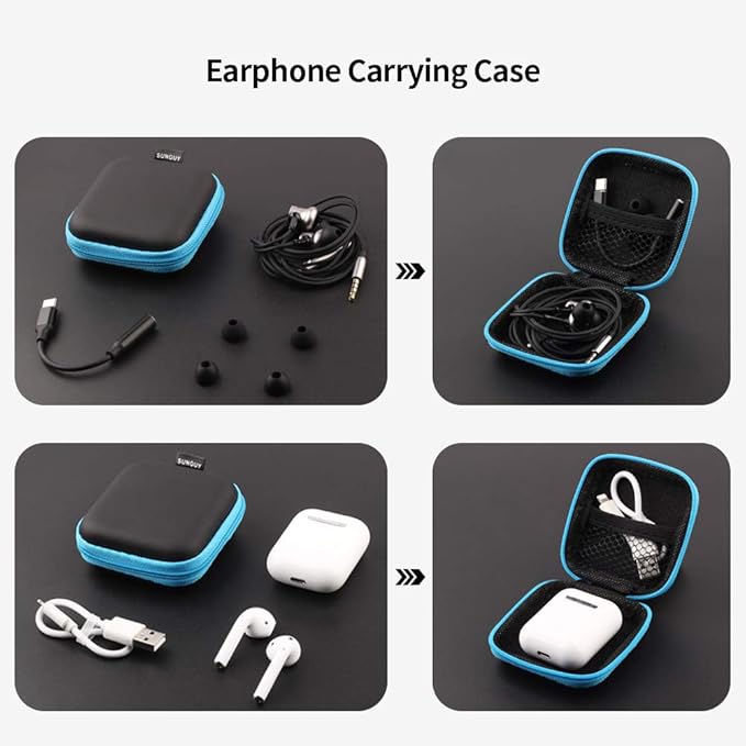 SUNGUY [2-Pack Earbud Case, Portable Square Earphone Carrying Cases with 2 Carabiners for Earphones, Earbuds, Earpieces, SD Memory Card, Camera Chips - Red+ Blue