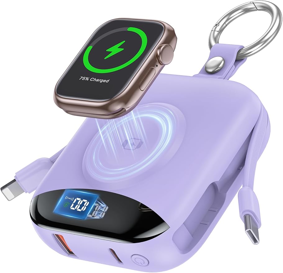 citicr Portable Charger, 10000mAh 22.5W Fast Charging Power Bank with Built-in Cables, Travel Battery Pack with LED Display for iPhone, Portable iWatch Charger for 11/10/9/8/7/6/5/SE/Ultra Purple