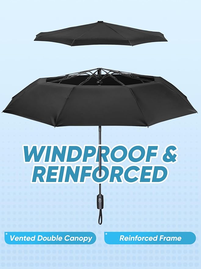 PTEROMY Windproof Travel Umbrellas for Rain and Sun, Withstands 85MPH Winds Auto Open Close Folding Umbrella with Ergonomic Handle, Quick Dry Canopy for Commuting or Backpack