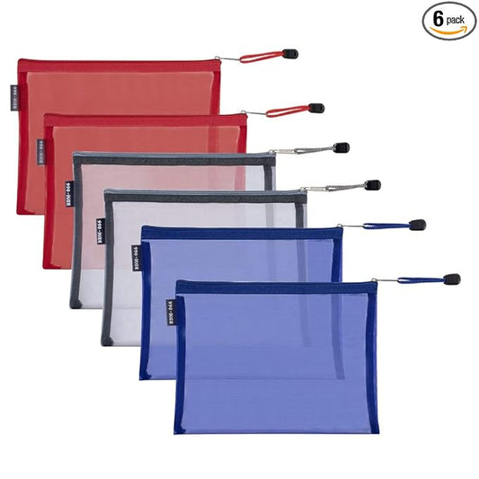 HRX Package Nylon Mesh Cosmetic Bags Zippered, 6PCS A5 Makeup Travel Cases Organizer Pouches for Purse Diaper Bag Office Stationery (7x9.4 inch)