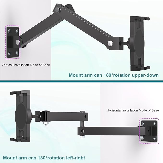 Mippko Foldable Wall Mount iPad Holder Tablet Mount Stand,360° Adjustable Tablet Holder,2-Stage Extendable Articulating Aluminum Alloy Arm,Compatible with 4.7~12.9" iPad/Nexus/e-Reader/Switch/iPhone