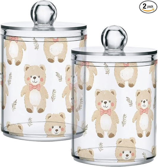 2 Pack Qtip Holder Organizer Dispenser Bears Bathroom Storage Canister Cotton Ball Holder Container for Cotton Pads/Swabs/Floss