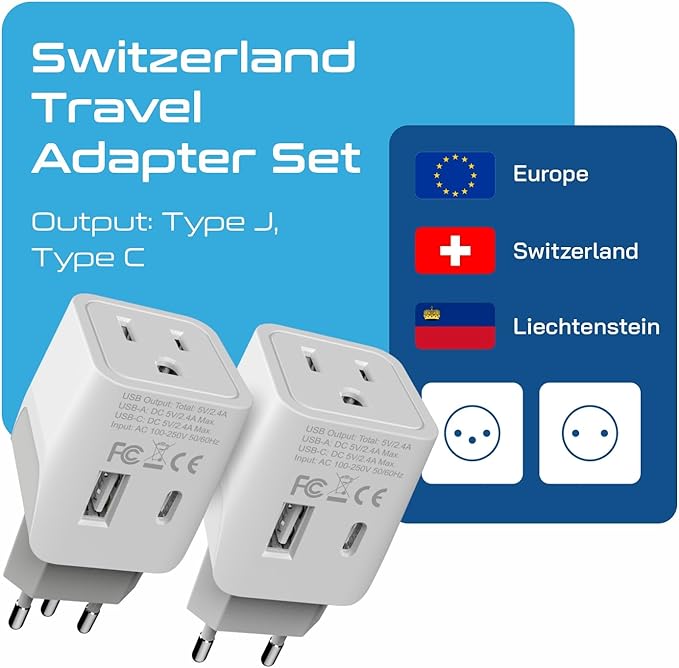 Ceptics Switzerland Travel Plug Set - with 2 USB + USA Socket Input - Type J and Type C- Ultra Compact - Safe Grounded Perfect for Cell Phones, Laptops, Camera Chargers