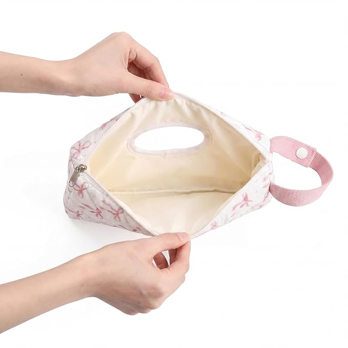 Quilted Pink Bow Baby Wipe Holder Fabric Wipes Dispenser Bag with Handle Portable Wet Wipes Pouch for Baby Travel Home Car Stroller